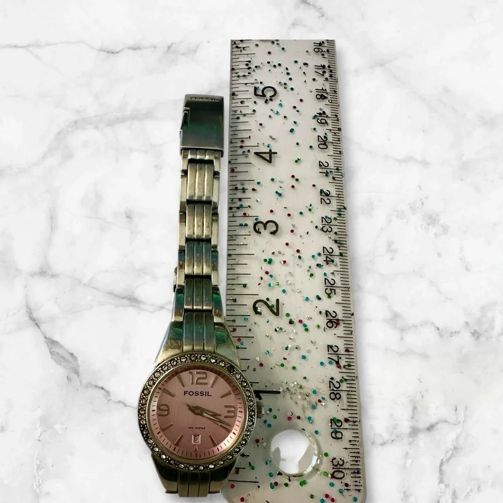 Fossil Pink Dial Crystal Bezel Stainless Steel Quartz Women’s Watch